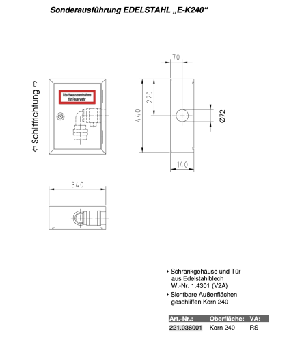Löschwasser Entnahmeschrank Kasten Edelstahl DIN 14461-2, AP Steigleitung